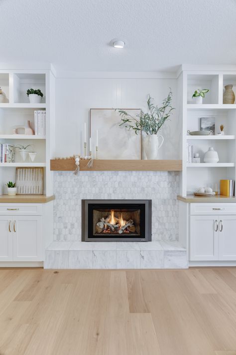 White Oak Mantle Fireplace, Gas Fireplace Wall, White Oak Mantle, Fireplace With Cabinets, White Painted Cabinets, Fireplace Wall Ideas, White Built Ins, Built In Around Fireplace, Fireplace Inspiration