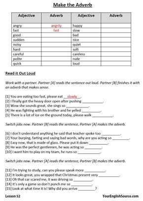 Adverbs of Manner - Speaking Lesson Plan 52 - YourEnglishSource Adverbs Of Manner, Common Adjectives, Spelling Rules, Esl Lesson Plans, Esl Activities, Esl Lessons, Quick Reads, 6th Grade, Lesson Plan