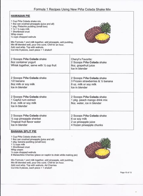 These are all recipes made with Herbalife Formula 1 Pina Colada Shake Mix. Come try any of these amazing recipes and you can almost imagine yourself sitting on the warm sandy beaches of Hawaii. To order any of the great Formula 1 flavors, just visit www.goherbalife.com/parmelee Pina Colada Shake, Hawaiian Pie, Herbalife Formula 1, Herbal Life Shakes, Herbalife Meal Plan, Herbalife Shakes, Herbalife Shake Recipes, Herbalife Recipes, Herbalife Shake