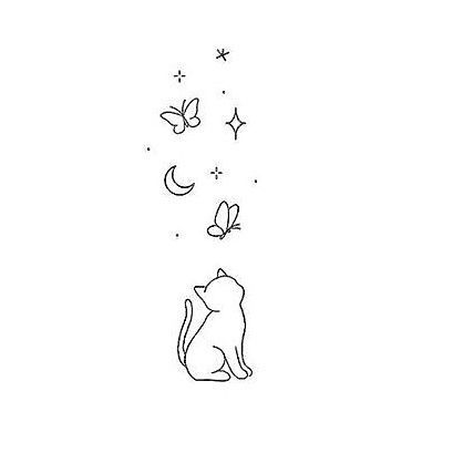 Cat Looking Up Tattoo, Cat And Stars Tattoo, Cat And Butterfly Drawing, Tattoo Ideas Cats, Cat Minimalist Tattoo, Minimalist Cat Tattoo, Kitten Tattoo, Small Star Tattoos, Soya Mumu