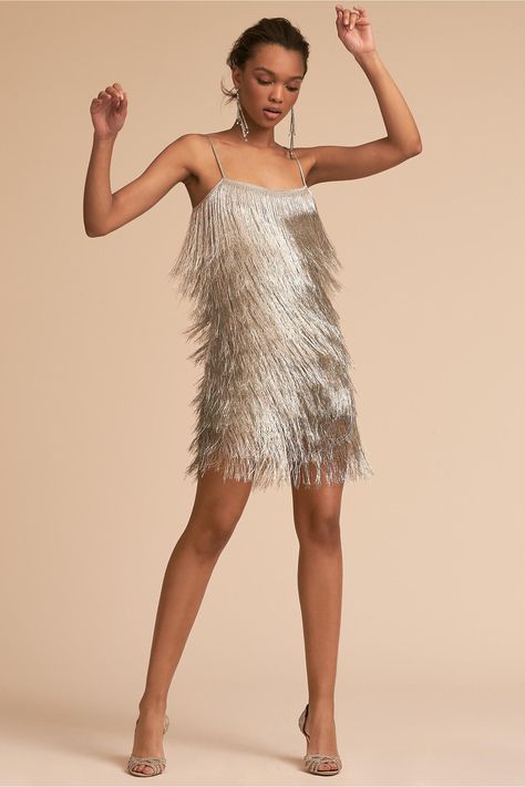 BHLDN Della Dress Silver  in  Sale | BHLDN Flapper Reception Dress, Silver Flapper Dress, Silver Fringe Dress, Fringe Dress Outfit, White Flapper Dress, Della Dress, Dress 1920s Style, Flapper Dress 1920s, Flapper Outfit