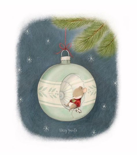 Stacey Yacula on Instagram: "The first day of December and we woke up to snow this morning! 🎄 I created this illustration for @jehane_ltd and her 12 Days of Christmas 2022. 🎄Mid Century Magic🎄 I have always been enamoured with the magic & warmth a Christmas tree brings to our home. So, it should be no surprise I loved and cherished the reflective ornaments that I grew up with and I am sure 5 year old me had imagined a wee little mouse falling asleep in one of these beauties. 🎄 The festive h First Day Of December, Pet Holiday Cards, Mouse Illustration, Christmas Challenge, Winter Images, Christmas Card Set, Little Mouse, Card Sentiments, Falling Asleep