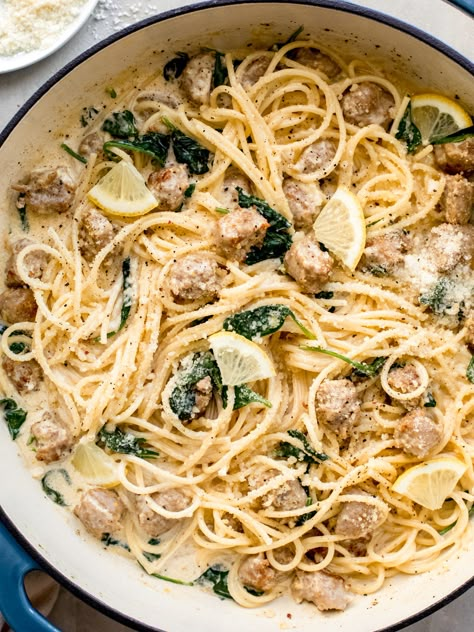 Spaghetti With Italian Sausage, Lemony Spaghetti, Lemon Garlic Cream Sauce, Garlic Cream Sauce Recipe, Italian Sausage Recipes Pasta, Rv Cooking, Lemon Pasta Recipes, Lemon Cream Sauce, Pasta With Spinach