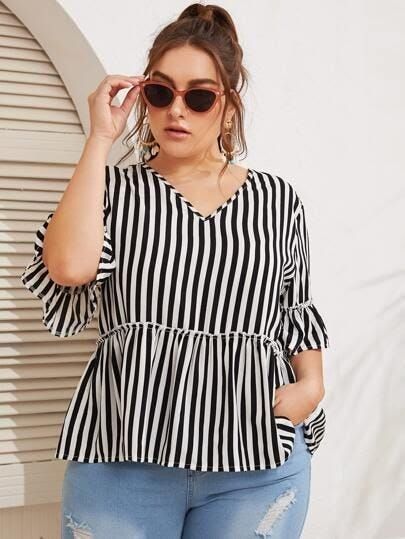 Short Plus Size Fashion, Plus Size Clothing Online, African Fashion Modern, Peplum Blouse, Peplum Hem, Sleeve Cuff, Flounce Sleeve, Trendy Clothes For Women, Curvy Outfits