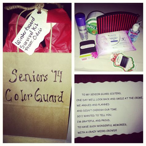 Color Guard Banquet Ideas, Colorguard Senior Gifts, Color Guard Goodie Bag Ideas, Band Camp Survival Kit, Senior Night Baskets, Color Guard Tips, Band Booster, Guard Quotes, Color Guard Quotes