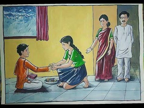 Holi Drawing, Raksha Bandan, Memory Drawing, Oil Pastel Drawings Easy, Drawing Competition, Child Art, Art Village, Oil Pastel Drawings, Art Drawings For Kids