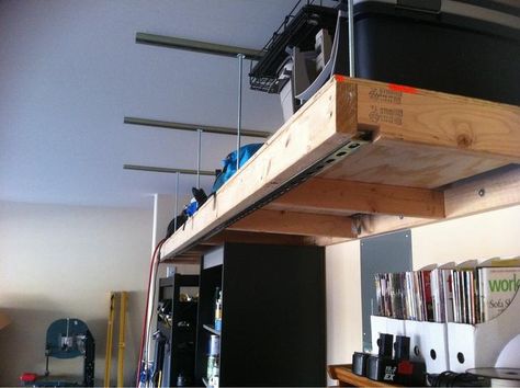 Easy garage loft with unistrut and allthread. - Imgur Storage Must Haves, Garage Hacks, Wooden Creations, Craft Shed, Garage Loft, Diy Garage Shelves, Garage Shelf, Garage Storage Organization, Garage Ideas