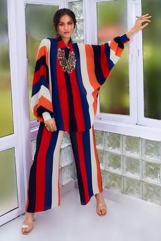 Shop for SVA by Sonam and Paras Modi Multi Color Crepe Silk Stripe Print Shirt And Pant Set for Women Online at Aza Fashions Designer Cord Set For Women, Winter Cord Set Outfit Women, Women Coord Set, Co Ord Sets Women, Coord Sets For Women, Lounge Designs, Coordinate Sets, Co Ords Outfits, Dresses Couture