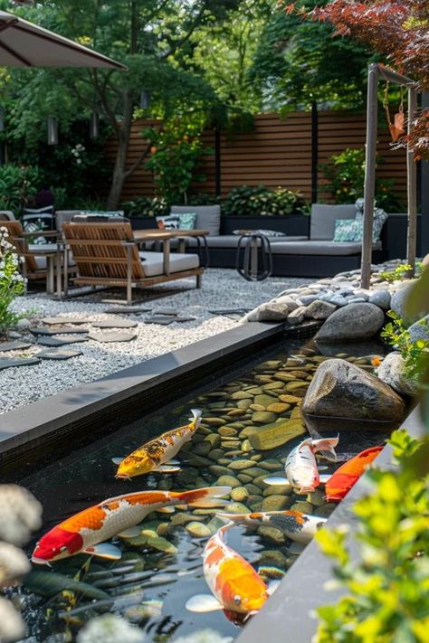 Refreshing Backyard Koi Pond Ideas for Your Oasis Rectangle Koi Pond, Patio Ponds Ideas, Japanese Garden With Koi Pond, Outdoor Koi Pond Ideas, Coy Pond Ideas Backyards, Koi Pond Landscaping, Small Koi Pond Ideas, Koi Fish Pond Backyard, Backyard Koi Pond Ideas