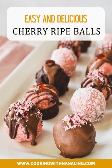 These no-bake cherry ripe balls not only look a treat, they capture all the flavours of the classic Cherry Ripe chocolate bar and are super easy to make. Cherry Ripe Balls, Cherry Divinity, Sweets Platter, Moose Farts, Mini Dessert Easy, Valentines Day Food Ideas, Magic Custard Cake, Mini Sweets, Romanian Desserts