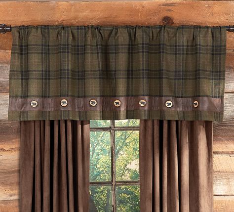 https://sep.yimg.com/ay/newportantiques4-shop/cedar-lake-plaid-bear-button-valance-11.gif Cabin Window Treatments, Western Curtains, Cabin Curtains, Rustic Window Treatments, Black Bear Decor, Cabin Rugs, Rustic Stairs, Cabin Living Room, Black Forest Decor