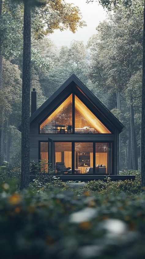 Hidden Forest Home with Large Windows Forest Home Interior, Home With Large Windows, Forest Landscaping, Forest Houses, Forest Homes, Hidden Forest, Forest Home, Huge Windows, Forest House