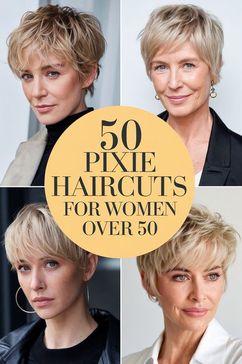 Looking for a stylish and low-maintenance haircut? These 50 pixie cuts for women over 50 are perfect for any face shape and hair type. From classic to edgy, find the perfect pixie to flatter your features and boost your confidence. Discover pixie hairstyles for older women, including those with glasses, fine hair, and even plus size figures. These cuts are sure to inspire you to embrace your age and look your best. Pixie Haircut For Square Faces Fine Hair, Pixie Haircuts For Thinning Hair, Pixie Haircut Thinning Hair, Funky Pixie Cut Fine Hair, Short Pixie Cuts For Older Women, Soft Pixie Haircut Fine Hair, Short Fine Hair Over 50, Fat Face Short Hair, Thick Pixie Cut