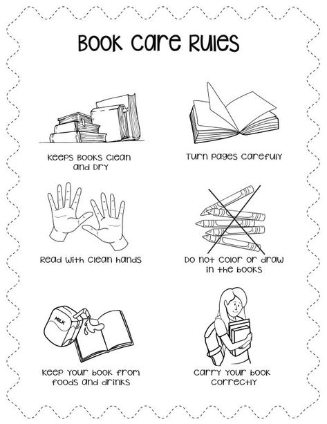 book care rules free printable for kindergarten Parts Of A Book Worksheet, Book Care Rules, Library Rules Poster, School Library Activities, Book Worksheet, Reading Is Thinking, School Library Bulletin Boards, Library Rules, Kindergarten Library