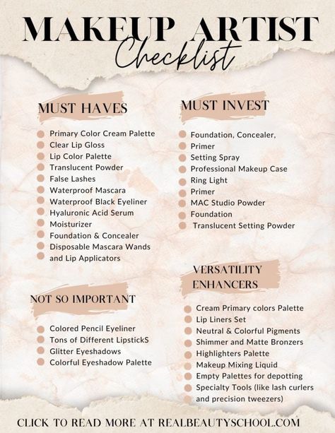 Makeup Studio Essentials, Basic Makeup Essentials List, Make Up Kit List, Makeup Artist Policies, Mua Portfolio Ideas, Makeup Artist Needs, Cosmetology School Makeup, Self Makeup Course, Content Ideas For Makeup Artist