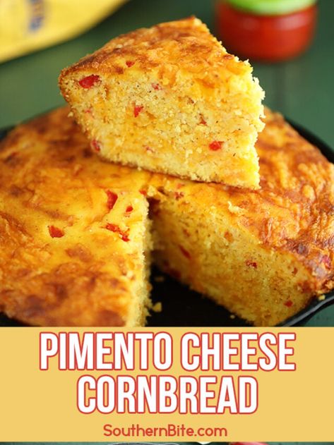 Pimento Cheese Cornbread - Southern Bite Pimento Cheese Hushpuppies, Pimento Cheese Casserole, Pimento Cheese Cornbread, Pimento Cheese Ideas, Recipes With Pimentos, Pimento Cornbread, Recipes With Pimento Cheese, Cornbread Cheese, Cornbread Ideas