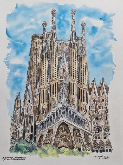 Gaudi Art, Gaudi Architecture, Barcelona Architecture, Antonio Gaudí, Landmarks Art, Concept Models Architecture, Building Sketch, Travel Sketchbook, Watercolor Architecture