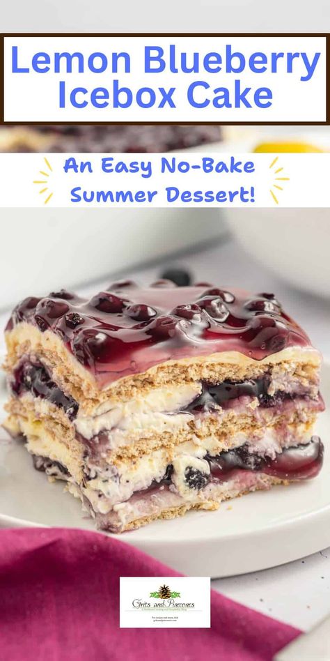 This is the perfect summer dessert, with layers of tangy lemon pudding, whipped cream, cream cheese, sweet blueberry pie filling, and graham crackers that come together to create this irresistible, no-bake lemon blueberry icebox cake. Every bite of this lemon blueberry dessert tastes like a burst of sunshine, and it's the perfect blueberry dessert to cool off with. Because it's so easy, it's ideal for kids and beginner cooks. Make this easy dessert recipe for your family tonight! Lemon Blueberry Icebox Cake, Blueberry Icebox Cake, Lemon Blueberry Dessert Recipes, Pudding Icebox Cake, Pudding Whipped Cream, Berry Pie Filling, Graham Cracker Dessert, Blueberry Pies, Icebox Cakes