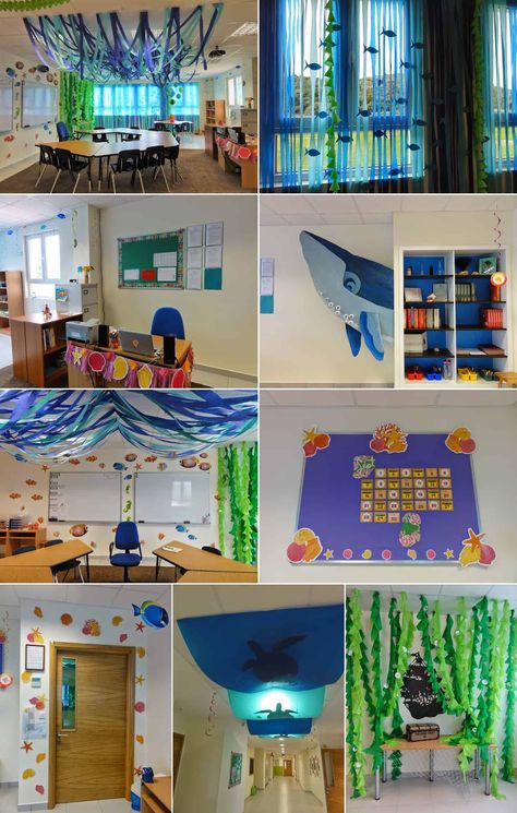 An Under The Sea Classroom Under The Sea Classroom Door, Under The Sea Classroom, Preschool Ocean, Nautical Classroom, Decoration Creche, Ocean Theme Preschool, Ocean Classroom, Under The Sea Decorations, Summer Bulletin Boards