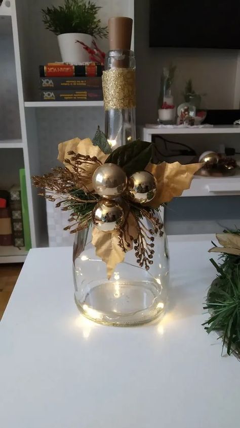 100 Easy-to-Make Christmas Decorations for Your Home - HubPages Wine Bottle Crafts Christmas, Christmas Candle Decorations, Christmas Wine Bottles, Diy Glass Bottle Crafts, Christmas Centerpieces Diy, Wine Bottle Diy Crafts, Diy Bottle Crafts, Diy Christmas Decorations Easy, Glass Bottle Crafts