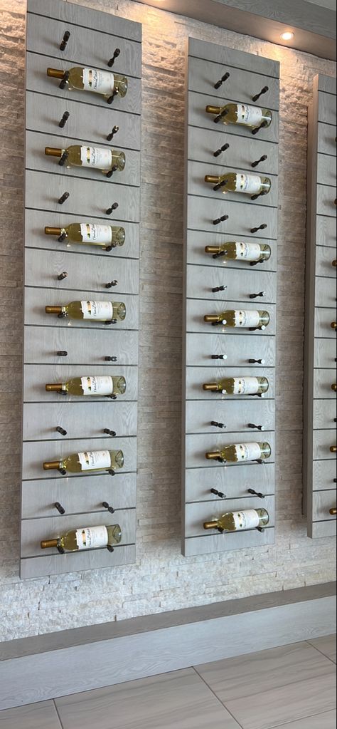 Shiplap Wine Wall, Wine Niche Ideas, Lounge Bar Interior Design Modern, Accent Wine Wall, Modern Wine Wall Display, Wine Bar Wall Ideas, Wine Wall Display Dining Rooms, Wine Accent Wall, Dining Room Wine Wall