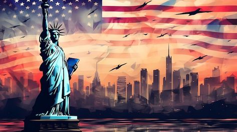 Photo skyline of united states of americ... | Premium Photo #Freepik #photo America Illustration, Usa Flag Wallpaper, Usa Wallpaper, America Funny, Usa Cities, States In America, Laptop Wallpaper, Landscape Wallpaper, American Dream