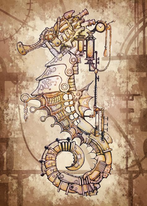 by 魅日屋 Steampunk Animals Drawing, Mechanical Art Drawing, Mechanical Seahorse, Steampunk Seahorse, Steampunk Art Drawing, Steampunk Tattoo Design, Steampunk Drawing, Art Punk, Steampunk Tattoo