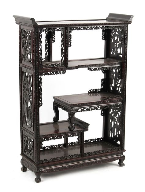 Lot 123 - A Chinese carved hongmu display cabinet, late 19th / early 20th century, with open shelves, 45.3ins. Chinese Wooden Furniture, Antique Asian Furniture, Chinese Shrine Cabinet, Venetian Glass Mirror, Rosewood Furniture, Antique Chinese Furniture, Asian Furniture, China Furniture, Open Cabinets