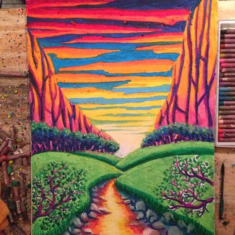 A beautiful and bright landscape make with vibrant Cray-Pas colors by Andrew Sheppard. Cray Pas Art, Bright Landscape, Galleries Architecture, Colored Chalk, Oil Pastel Drawings, Canvas Projects, Oil Pastels, A Work In Progress, Pastel Drawing