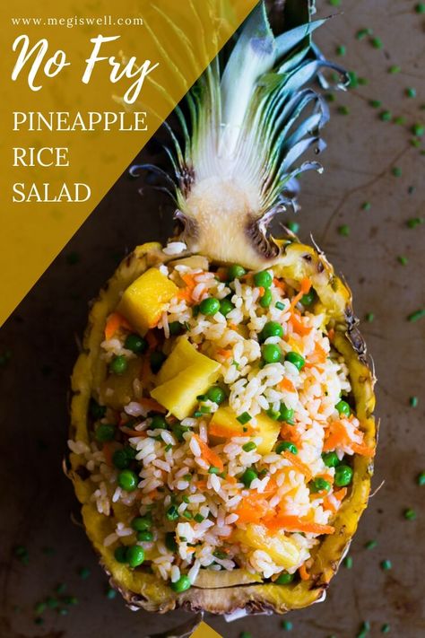 This easy No-Fry Pineapple Rice Salad is a simple side perfect for summer parties. | Cold Rice Salad | Pineapple Bowl | Vegetarian | Vegan | www.megiswell.com Rice Salad Cold, Salad With Pineapple, Grilled Dinner Recipes, Bright Line Eating Recipes, Pineapple Rice, Rice Salad Recipes, White Rice Recipes, Side Salad Recipes, Leafy Green Salads