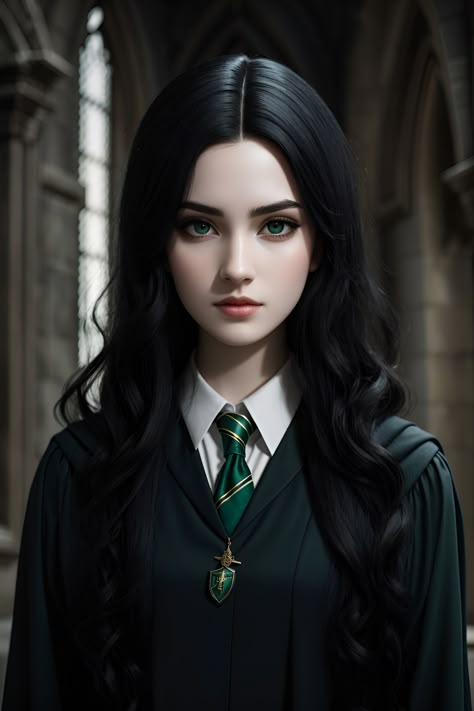 Harry Potter Portrait Drawing, Slytherin Female, Slytherin Witch, Fem Harry Potter, Black Hair Pale Skin, Female Harry Potter, Fem Harry, Black Hair Green Eyes, Harry Potter Oc