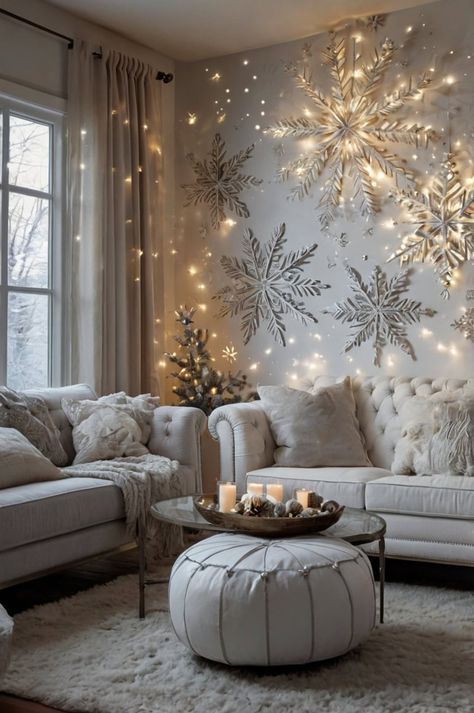 Elegant Winter Wonderland Christmas Decorating Ideas for Living Room Walls Clean Aesthetic White, Aesthetic White Christmas, Christmas Village Wreath, Ideas For Living Room Walls, Village Wreath, White Christmas Decor Ideas, Christmas Foyer, Winter Wonderland Decor, Cozy Christmas Living Room