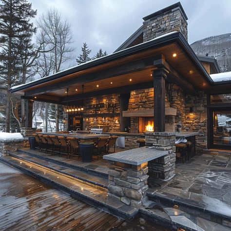 Outdoor Bbq Kitchen, Outdoor Patio Designs, Backyard Pavilion, Backyard Bar, Backyard Kitchen, Outdoor Kitchen Patio, Rustic Outdoor, Fire Pit Backyard, Log Cabins