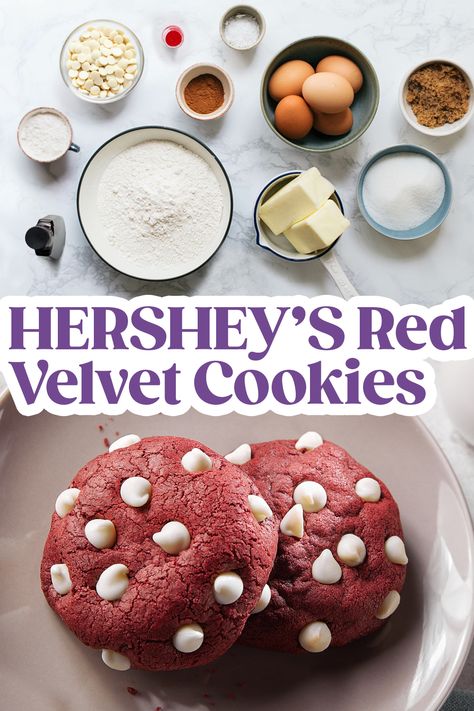 hershey's red velvet cookies Red Velvet Cookies With Cream Cheese Chips, Cream Cheese Chips Cookies, Cream Cheese Chipits Recipes, Hersheys Cream Cheese Chips, Cookies With Cream Cheese Chips, Red Velvet Cookies With Cream Cheese, Red Velvet Cream Cheese Cookies, Cream Cheese Chips, Velvet Cookies Recipe