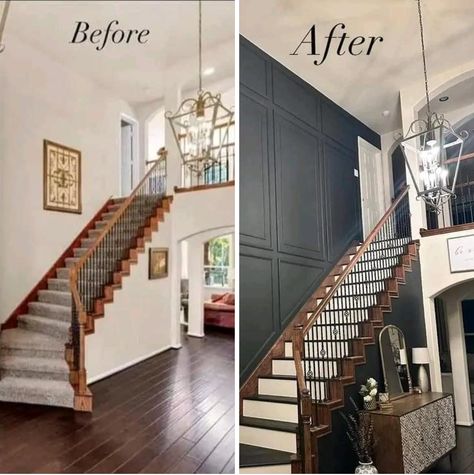 Wall Facebook, Stairway Wall, Hallway Colours, High Ceiling Living Room, House Staircase, Staircase Remodel, Staircase Wall, Staircase Railings, House Stairs