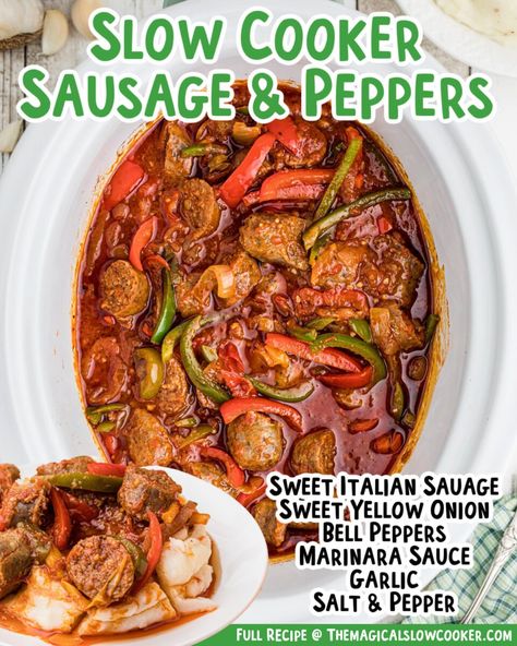 Crockpot Sausage And Peppers Easy, Sausage Peppers And Onions Crockpot, Crockpot Peppers, Gd Meals, Sweet Sausage Recipes, Slow Cooker Sausage And Peppers, Sweet Italian Sausage Recipes, Sausage And Peppers Crockpot, Sausage Crockpot Recipes