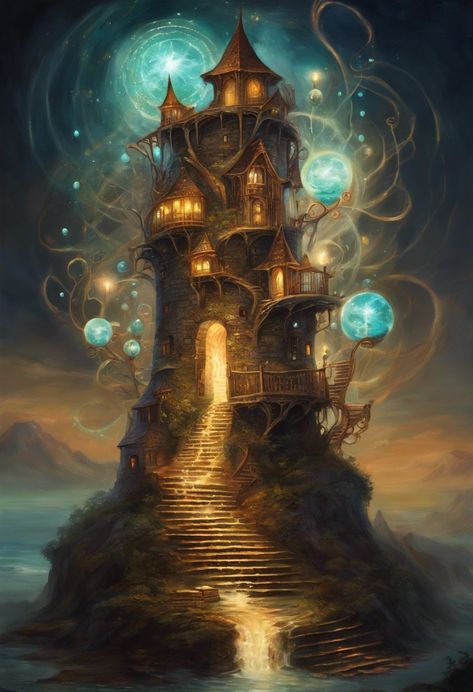 fantastical wizard tower Check more: https://paintlyx.com/fantastical-wizard-tower/ Dnd Wizard Tower, Magic Tower, Wizard Tower, Dnd Wizard, Dnd Ideas, Fantasy Concept, Tower Garden, Setting Ideas, Fantasy Setting