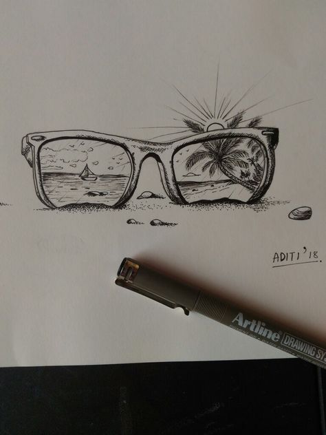 Goa Drawing Art, Pen N Ink Drawings, Goa Doodle Art, Goa Sketch, Pen Doodles Easy, Black Pen Drawing, Beach Sketches, Beach Drawing, Pen Doodles