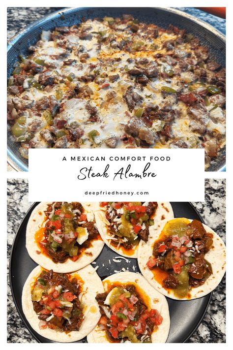 Mexican Alambre • deepfriedhoney Mexican Alambre Recipe, Sirloin Steak Recipes Mexican, Cast Iron Mexican Recipes, Mexican Steak And Potatoes, Alambre Recipe, Steak Sopes Mexican, Southwest Food, Make Refried Beans, Mexican Comfort Food