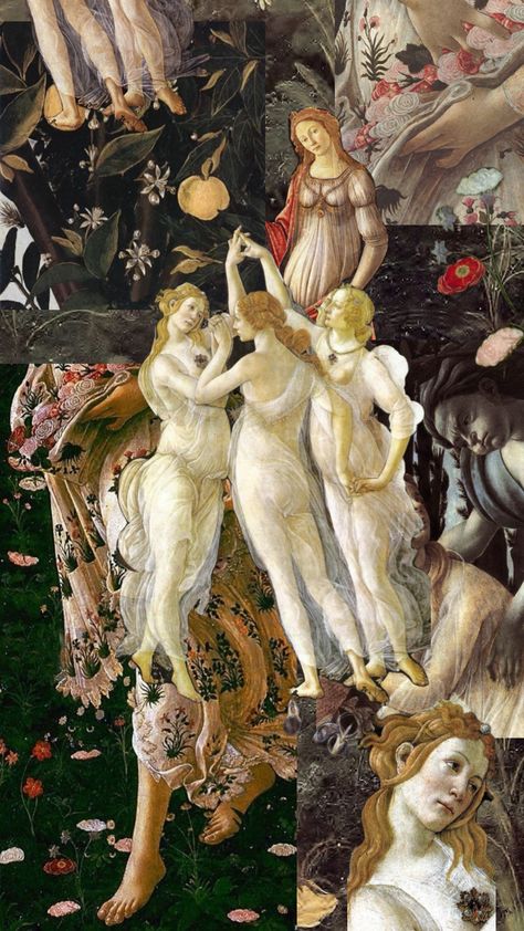 primavera - botticelli Botticelli Wallpaper, Greek And Roman Mythology, Roman Mythology, Aesthetic Collage, Mixed Media Art, Cute Wallpapers, Collage, Art