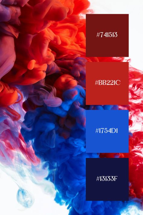 This blue and red color palette blends the cool tranquility of deep blues with the bold vibrancy of rich reds. The combination creates a dynamic yet balanced feel, perfect for sophisticated and striking designs. Freedom Color Palette, Royal Blue Color Palette Colour Schemes, Cobalt Color Palette, Red Complimentary Colors, Red Blue Palette, Royal Blue Color Palette, Red And Blue Combination, Royal Colors Palette, Turkish Bakery