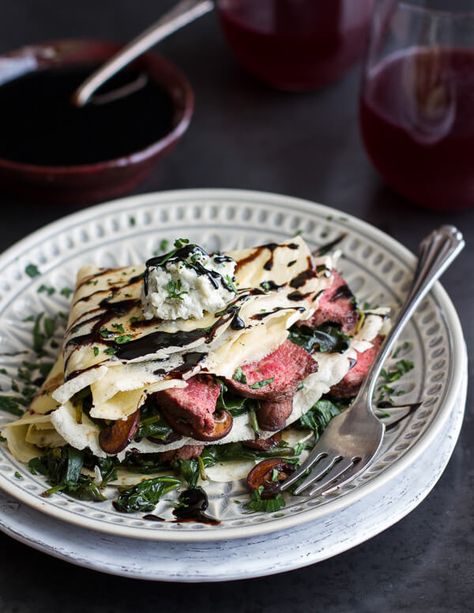 Steak, Spinach and Mushroom Crepes with Balsamic Glaze | halfbakedharvest.com Crepe Sale, Mushroom Crepes, Cheese Crepes, Mushroom Crepe, Sweet Crepes Recipe, Spinach And Mushroom, Spinach Mushroom, Sweet Crepes, Meat Steak