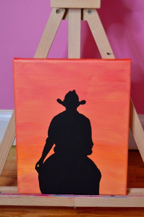 Cowboy Silhouette Painting - Etsy Sillhoute Art Painting, Cowboy Sillouhette, Cowboy Paintings Western Easy, Western Things To Paint, Easy Western Painting Ideas On Canvas, Simple Western Painting Ideas, Cowboy Canvas Painting, Cowboy Paintings Easy, Easy Silhouette Paintings