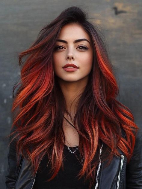 Top Hair Color Ideas for Autumn: Embrace the Season with Warm and Rich Tones Hair Color Women In 40's, Fall Hair Colors Vivid, Brown Hair With Bright Red Highlights, Winter Hair Color Ideas 2024, Brown Roots Red Hair, Maroon Balayage, Hair Color Ideas For Autumn, Copper Hair With Dark Roots, Fall Vivid Hair Color