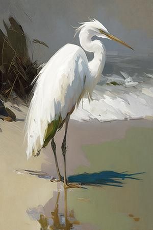 'White Egret on the beach' Art Print - Vivienne Dupont | Art.com Bird Painting Acrylic, Beach Art Prints, Beach Art Print, White Egret, Bird Paintings, Posters Wall Art, Herons, Bird Art Print, Posters Wall