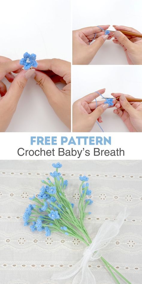 Crochet lovely Baby's Breath flowers for home decor or accessories with this simple, no-sew pattern. Crochet Babybreath, Crochet Boutonniere Pattern, Baby's Breath Crochet, Miniature Crochet Flowers, Small Flowers Crochet Pattern, Crochet Flower Stems, Small Flower Crochet Pattern Free, Tiny Crochet Flowers Free Pattern, Free Crochet Flower Patterns Easy