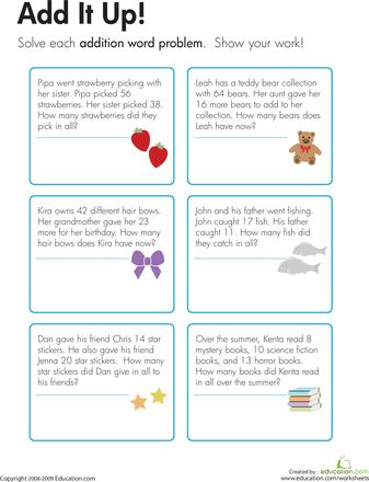 Worksheets: Addition Word Problems: Add It Up! 2 Digit Addition Word Problems 2nd Grade, Grade 2 Worksheets, Third Grade Math Worksheets, Double Digit Addition, Addition Words, Addition Practice, Addition Word Problems, Math Organization, Word Problem