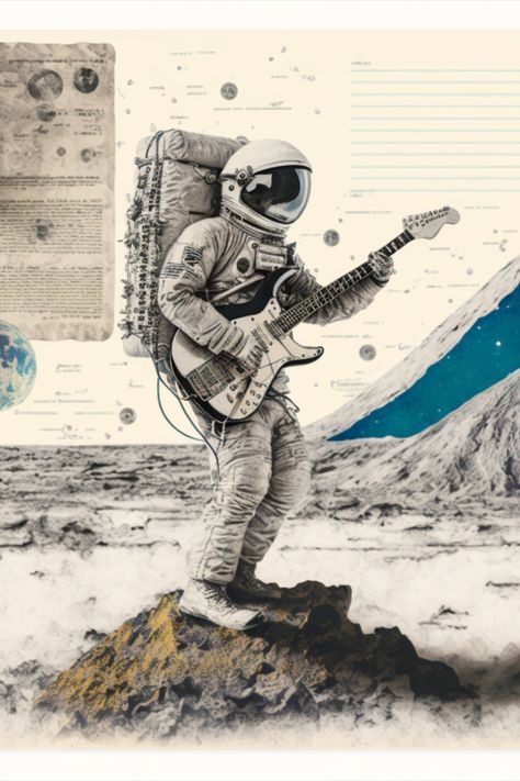 Astronaut With Guitar, Futuristic Guitar, Dancing Astronaut, Astronaut Guitar, Astronaut Playing Guitar, Astronaut On The Moon, Manga Inspiration, Live Tattoo, Space Walk