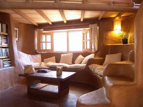 A fireplace would make that space! Cob House Interior, Cob Building, Casa Hobbit, Earth Bag Homes, Adobe Home, Earthship Home, Mud House, Natural Homes, Natural Living Room