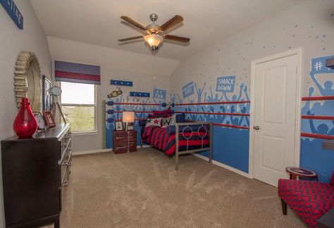 Boys bedroom boxing match theme Boxing Nursery Theme, Boxing Bedroom Ideas, Boxing Bedroom, Long Short Bob, Boxing Room, Boxing Ideas, 4 Hairstyles, Kids Bedroom Boys, Bob Haircuts For Fine Hair